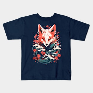 Kitsune Waves and Blossoms Kids T-Shirt